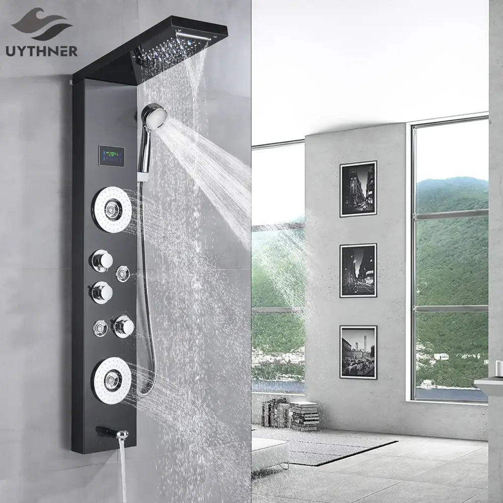 Black uythner decorbites led shower panel with chrome accents and multiple spray settings for a massage experience