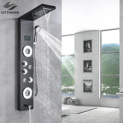 Black uythner decorbites led shower panel with chrome accents and multiple spray settings for a massage experience
