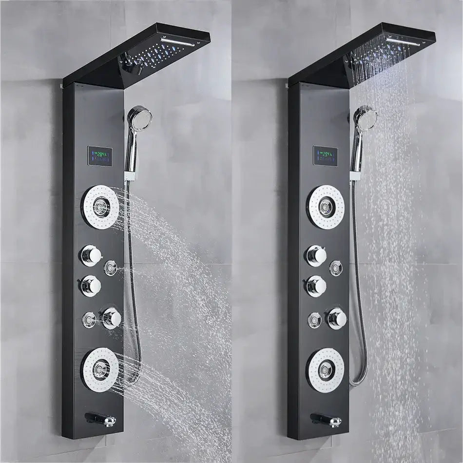Black DecorBites led shower panel with chrome accents multiple spray settings and temperature screen for bathtub mixer tap