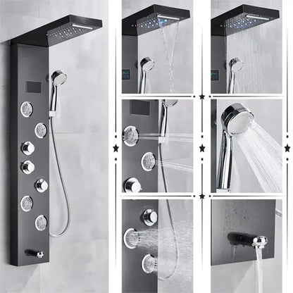 Black matte finish decorbites led shower panel with chrome accents multiple spray heads and temperature screen massage
