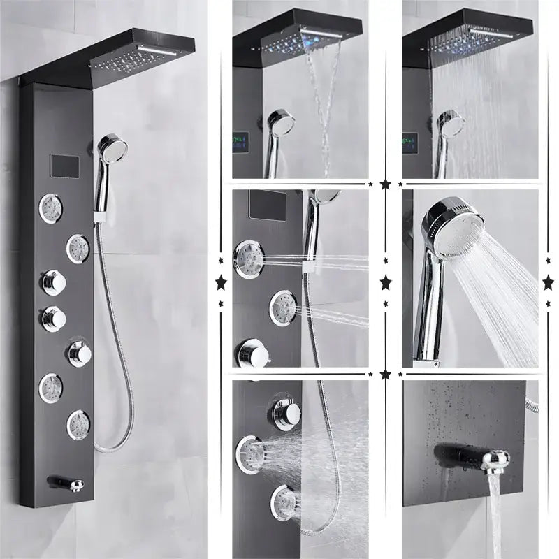 Black matte finish decorbites led shower panel with chrome accents multiple spray heads and temperature screen massage