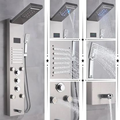 Modern brushed stainless steel decorbites led shower panel with rectangular rainhead handheld spray and temperature screen