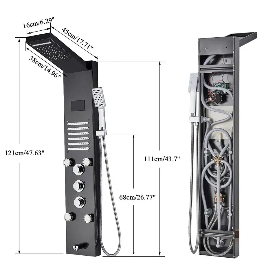 Black chrome decorbites led shower panel with rectangular rainhead handheld shower and multiple control knobs for massage