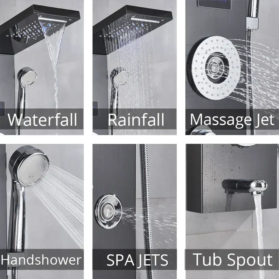 Modern chrome shower panel with waterfall rainfall massage jets handshower spa jets and temperature screen decorbites led shower panel