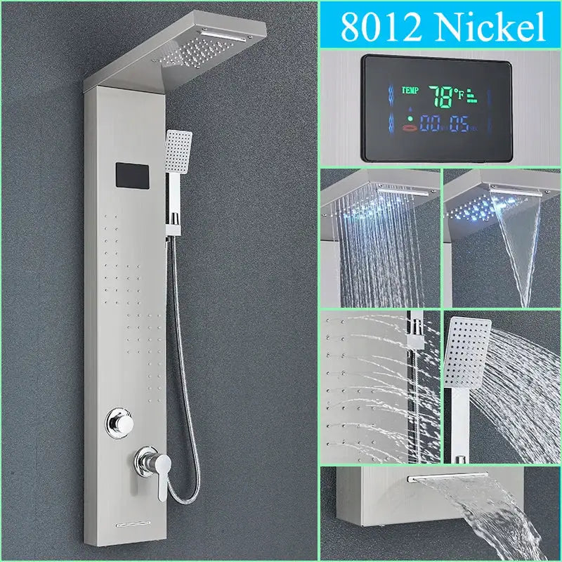 Decorbites™ led shower panel column faucet 8012 nickel with multiple spray heads and integrated digital temperature display
