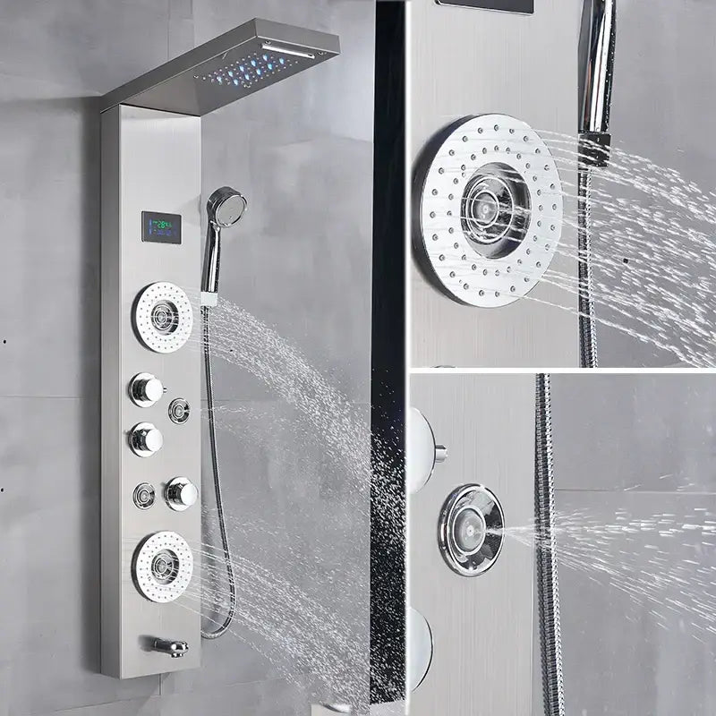 Modern chrome shower panel by decorbites with led rainfall rainhead multiple spray jets and mixer tap