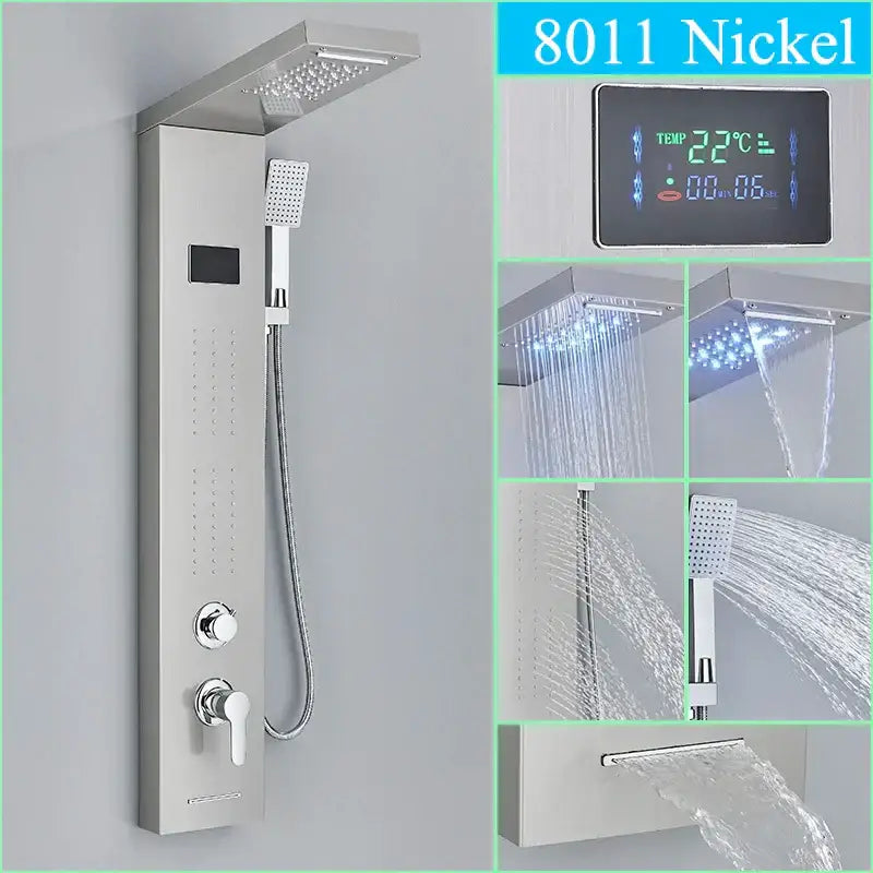 Modern nickel-finished decorbites™ led shower panel with rectangular rainhead handheld spray and digital temperature display
