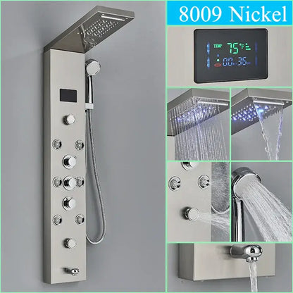 Nickel-finished decorbites led shower panel with large rainhead handshower options and digital temperature display