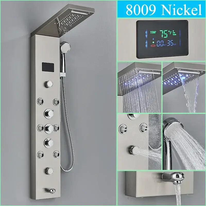 Nickel-finished decorbites led shower panel with large rainhead handshower options and digital temperature display
