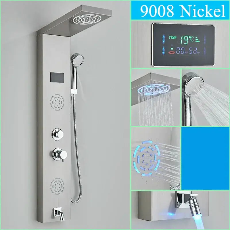Decorbites™ 9008 nickel led shower panel with digital temperature display multiple spray settings rainfall waterfall back jet