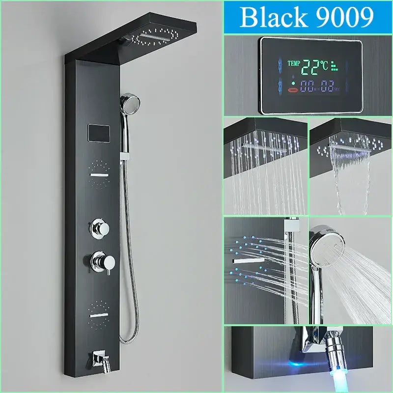 Black 9009 decorbites™ led shower panel with digital temperature display rainfall waterfall back jet mixer tap