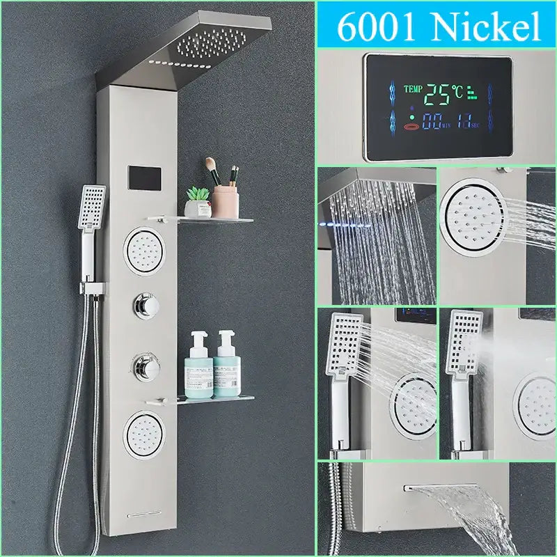 Decorbites™ led shower panel column faucet in 6001 nickel finish with digital display multiple spray heads and shelves
