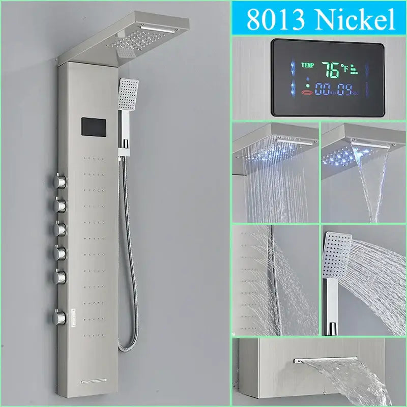 Modern nickel finished DecorBites led shower panel with overhead rainhead handheld spray and digital temperature display