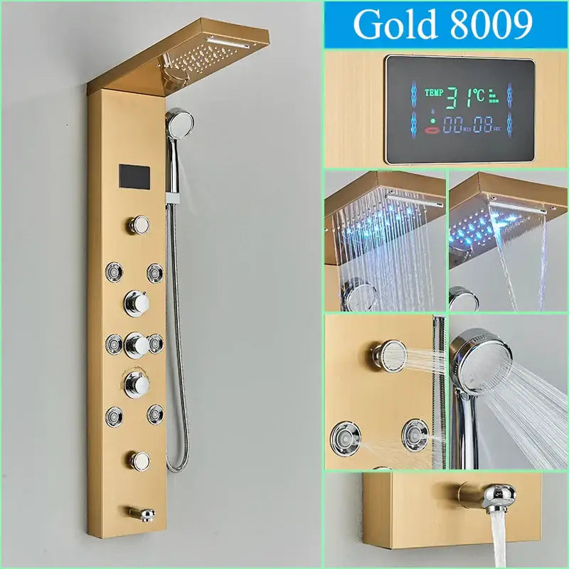 Gold-finished decorbites™ led shower panel with digital temperature display and multiple spray settings