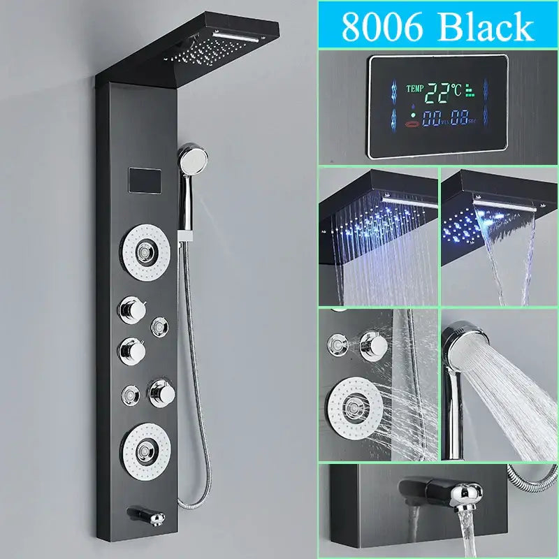 Black 8006 model led shower panel with multiple spray heads, chrome accents, and rainfall waterfall mixer tap by DecorBites
