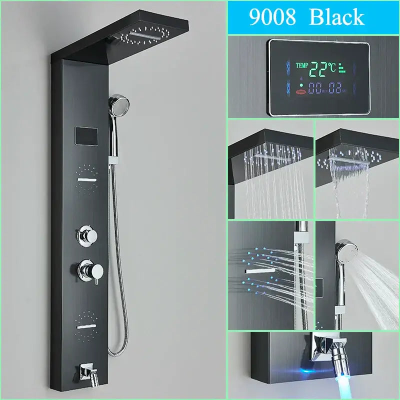 Black 9008 decorbites™ led shower panel with digital temperature display and multiple spray settings for rainfall shower