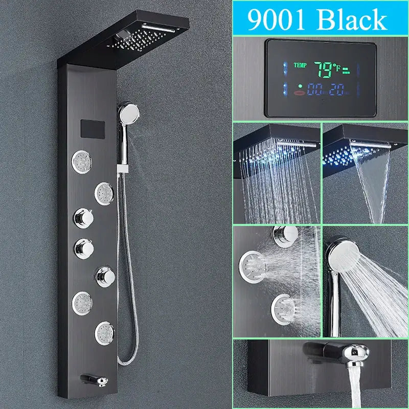 Black 9001 model led shower panel with chrome control knobs and digital temperature display from decorbites™