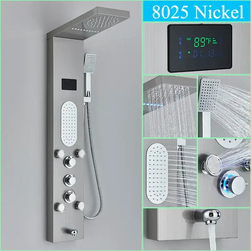 Modern 8025 nickel shower panel with sleek rectangular rainhead and multiple spray nozzles led shower panel system