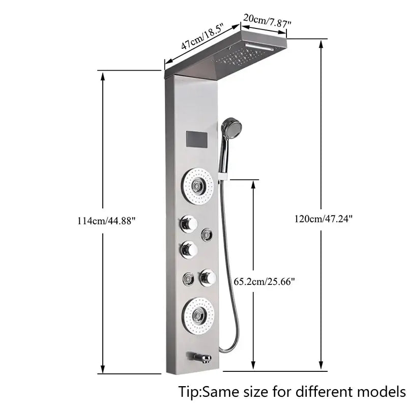Modern chrome-finished decorbites™ led shower panel with rectangular rainhead and multiple control knobs for precise use