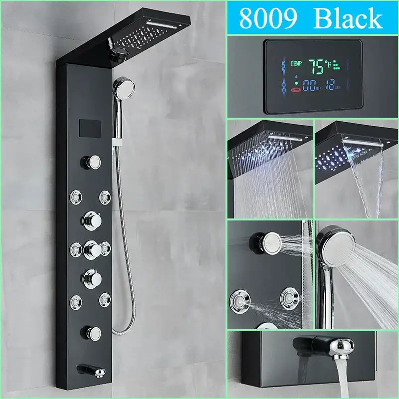 Black 8009 decorbites™ led shower panel with chrome controls and digital display featuring rainfall waterfall and back jet