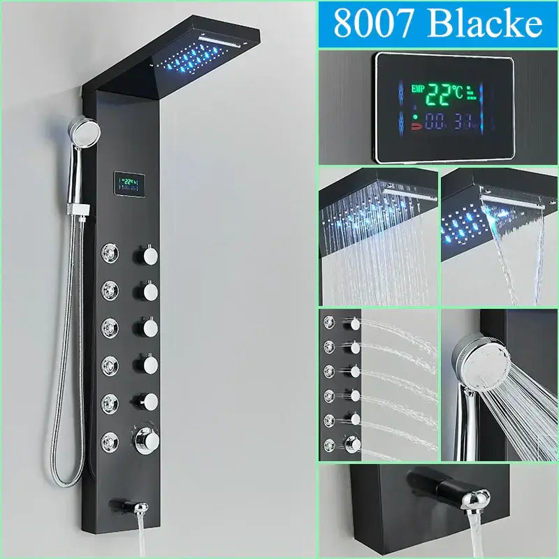 Black 8007 black led shower panel with multiple spray settings and digital display in DecorBites™ rainfall waterfall system