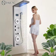 Modern chrome shower panel with rectangular rainhead and multiple control knobs led shower panel for luxury bathing