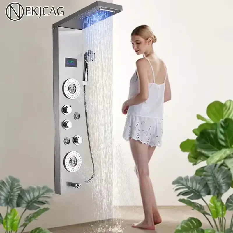 Modern chrome shower panel with rectangular rainhead and multiple control knobs led shower panel for luxury bathing