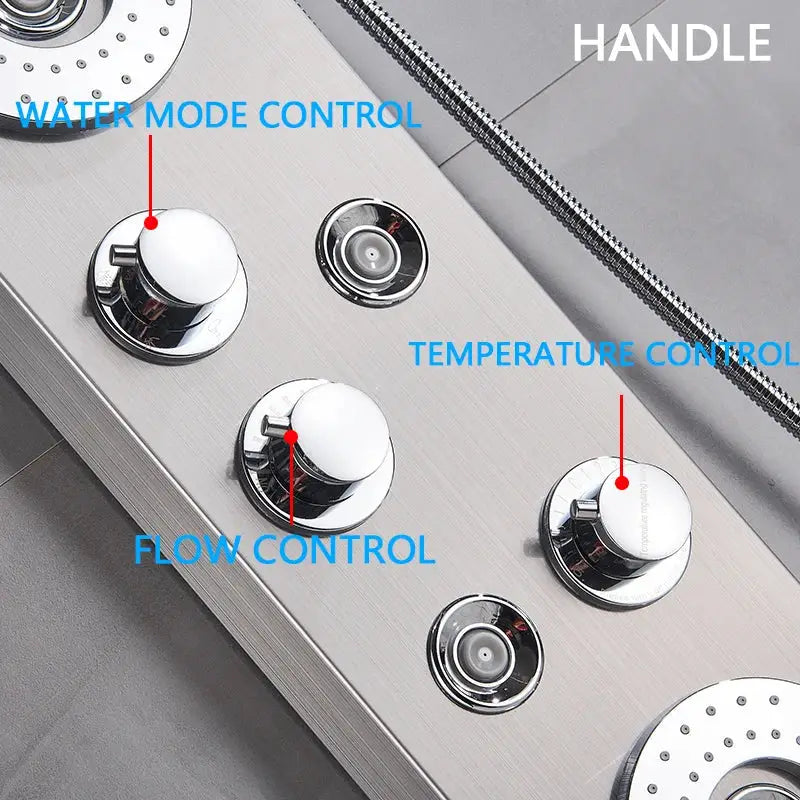 Stainless steel decorbites™ led shower panel with three chrome knobs for water mode temperature and flow control