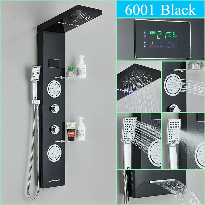 Black 6001 model decorbites led shower panel with digital temperature display and multiple spray heads including rainfall and waterfall