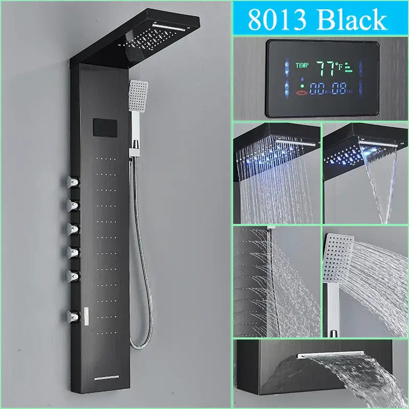 Black 8013 model led shower panel with digital temperature display multiple spray settings rainfall and waterfall features