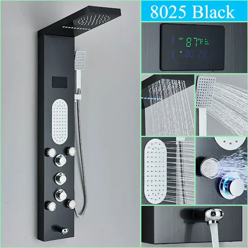 Black 8025 model decorbites™ led shower panel with multiple spray heads and digital temperature display for rainfall use