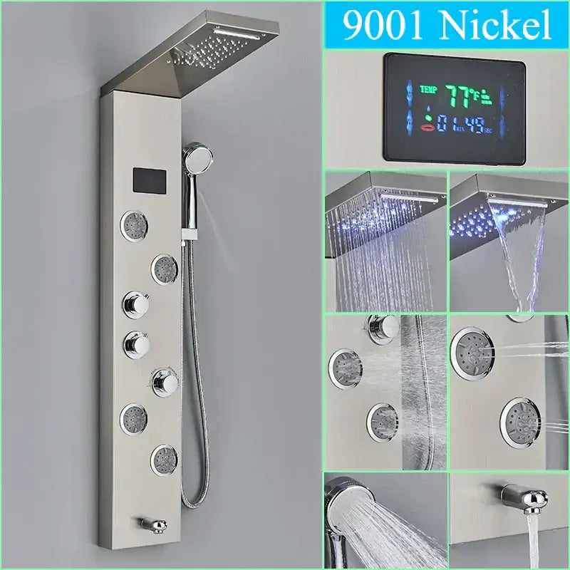 Decorbites™ led shower panel column faucet in 9001 nickel finish with multiple spray heads and digital temperature display