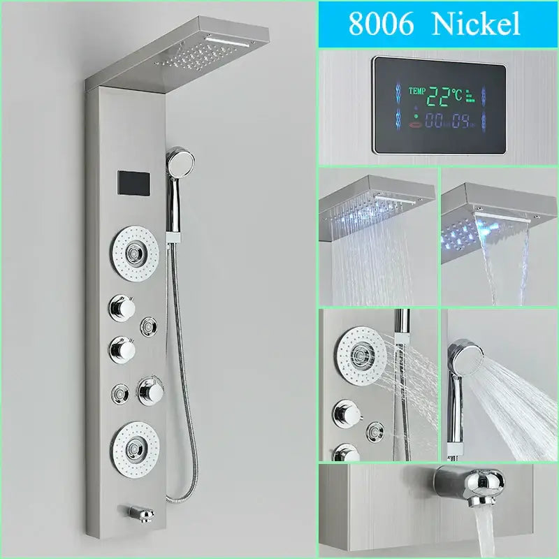 Nickel-finished decorbites led shower panel with digital temperature display and multiple spray heads for luxury showers