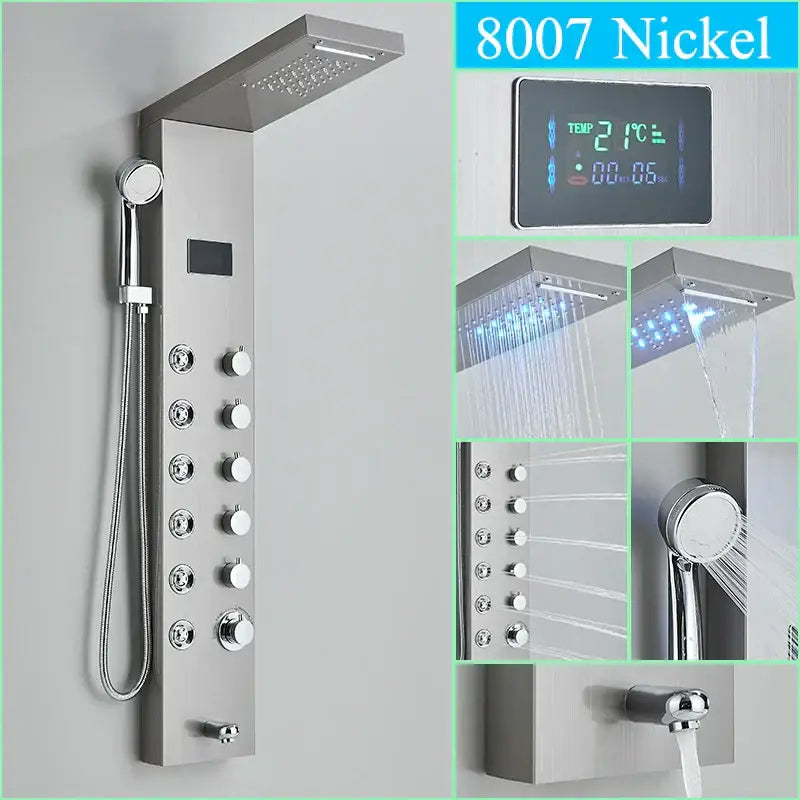 Nickel-finished decorbites led shower panel column faucet with digital temperature display and multiple spray settings