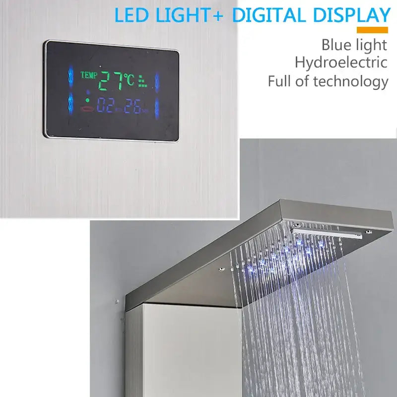 Modern rectangular led shower panel with stainless steel finish and integrated blue led lighting for rainfall effect