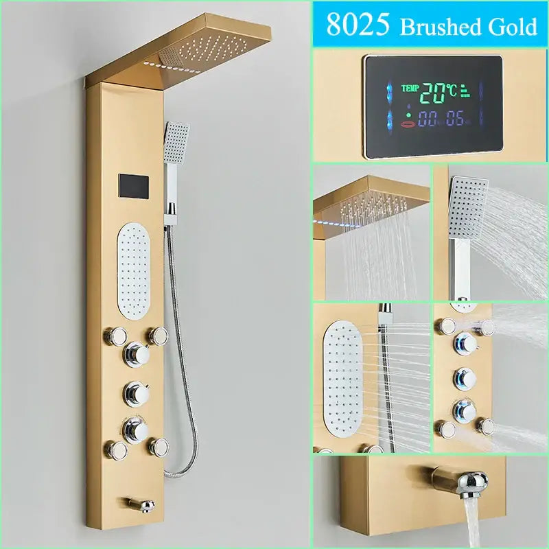 Brushed gold led shower panel with digital temperature display multiple spray heads and mixer tap by decorbites