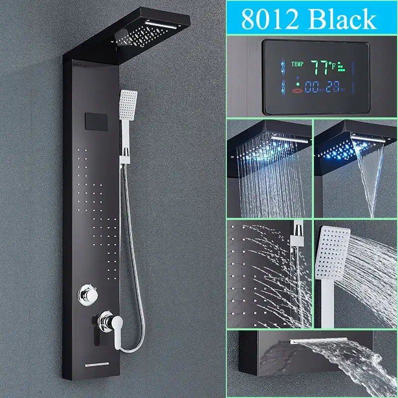Black 8012 model decorbites™ led shower panel with rainfall waterfall, back jet, mixer tap, and digital temperature display