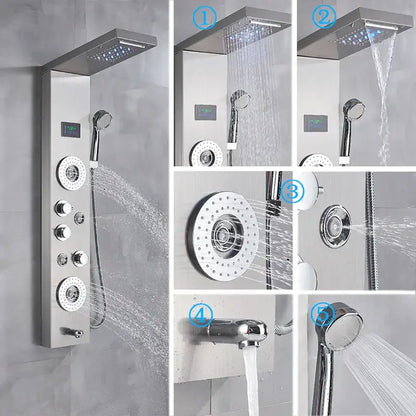 Modern chrome finished decorbites™ led shower panel with multiple spray heads and control knobs for rainfall waterfall use