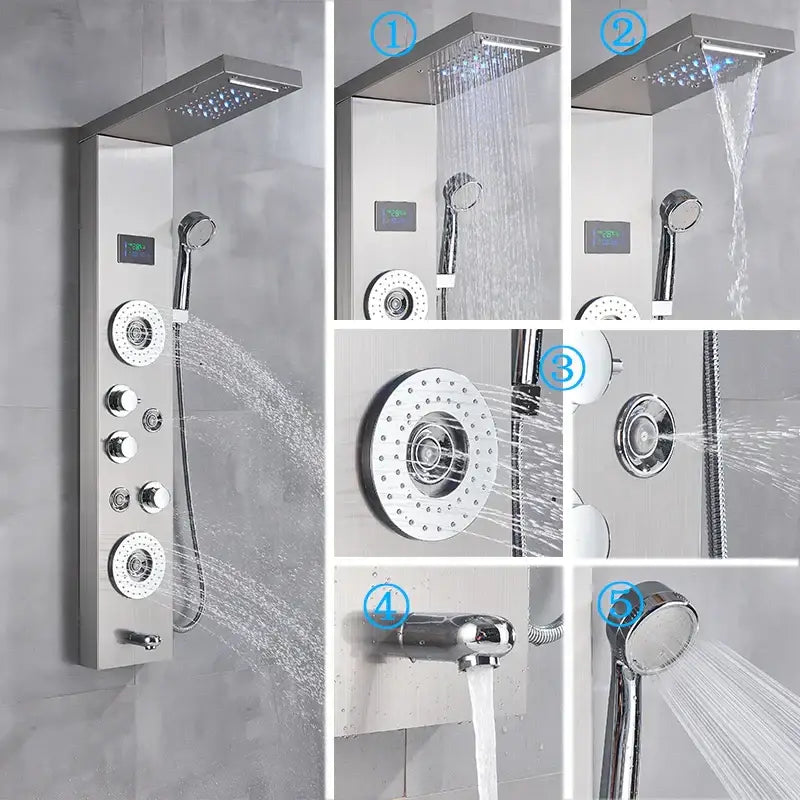 Modern chrome finished decorbites™ led shower panel with multiple spray heads and control knobs for rainfall waterfall use