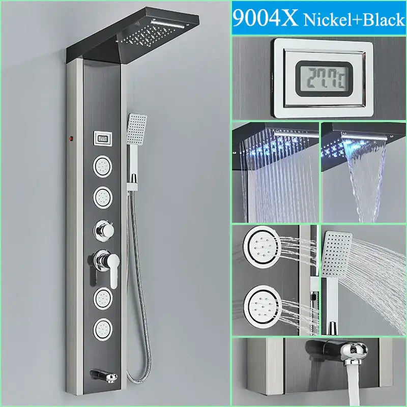 Decorbites led shower panel tower in nickel and black with multiple spray heads and digital display for luxury spa jets