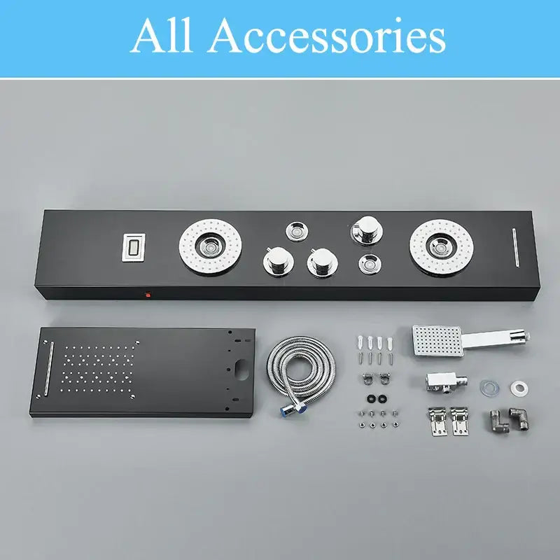 Black and chrome decorbites led shower panel with multiple spray heads and massage spa jets for bathroom use