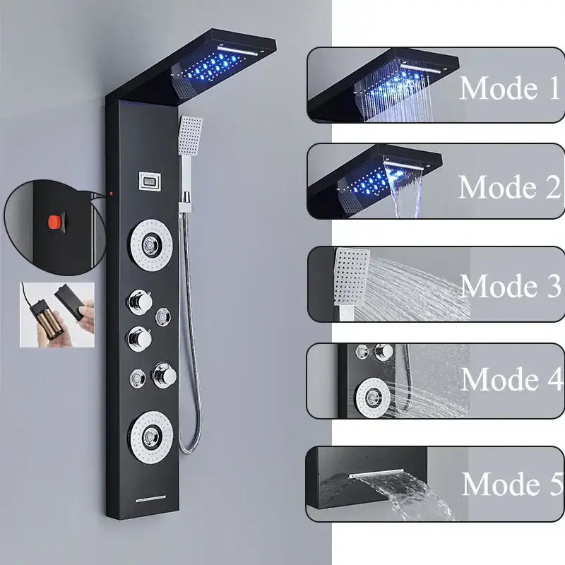 Black modern decorbites led shower panel with multiple spray heads and control knobs for spa massage use