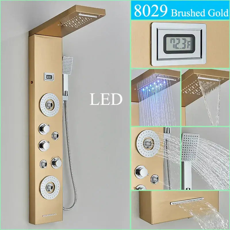 Brushed gold decorbites led shower panel with multiple spray heads, led lighting, and digital temperature display