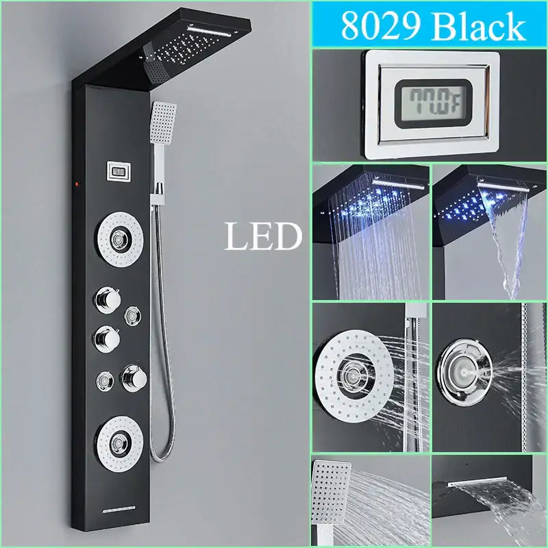Black 8029 model decorbites led shower panel with chrome accents and led lighting for spa massage bathroom use