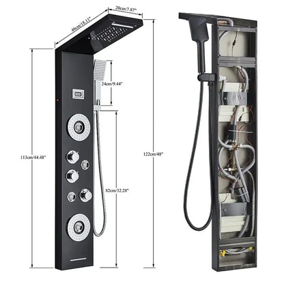 Modern black and chrome finished DecorBites LED shower panel tower with multiple spray heads and handheld showerhead for spa jets