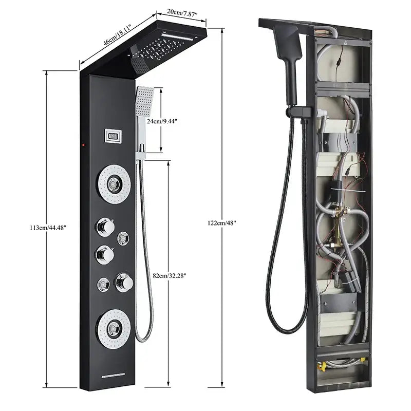 Modern black and chrome finished DecorBites LED shower panel tower with multiple spray heads and handheld showerhead for spa jets