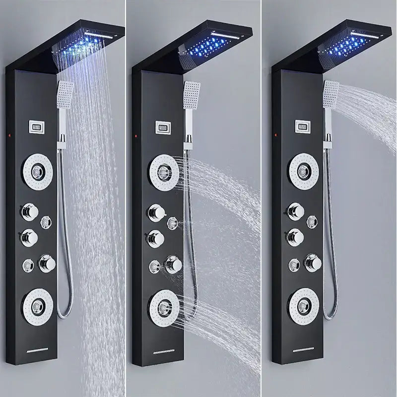 Black matte finish decorbites led shower panel tower with integrated led lighting and multiple spray settings
