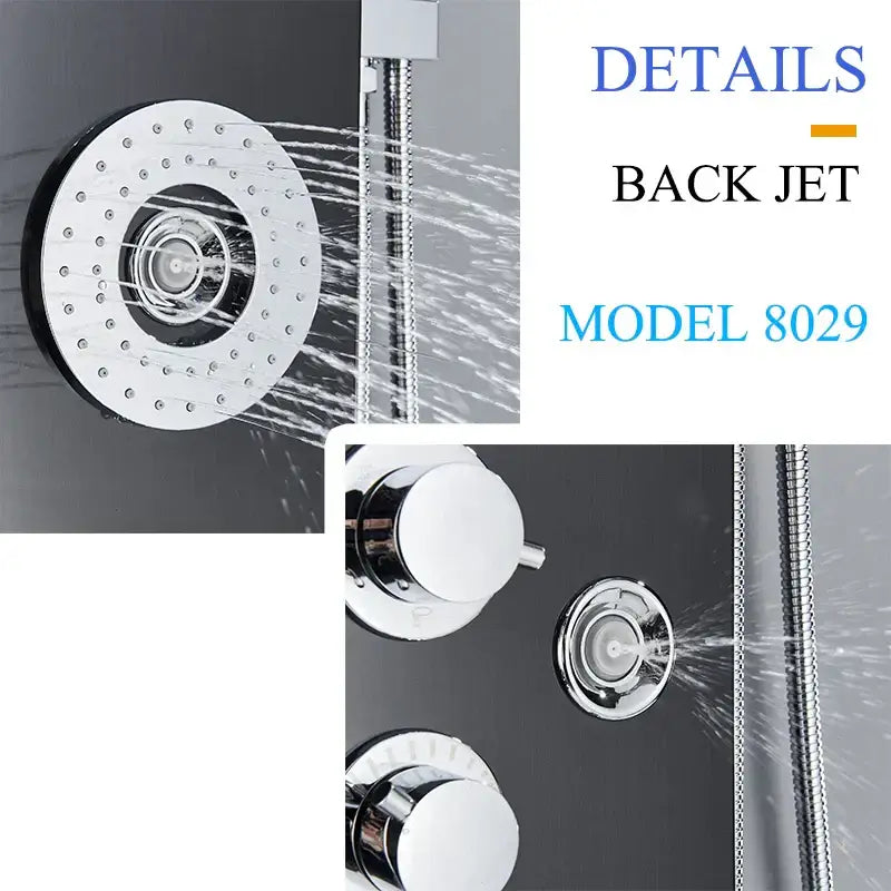 Chrome finished circular shower head with central jet and multiple nozzles for decorbites led shower panel 8029 backjet system