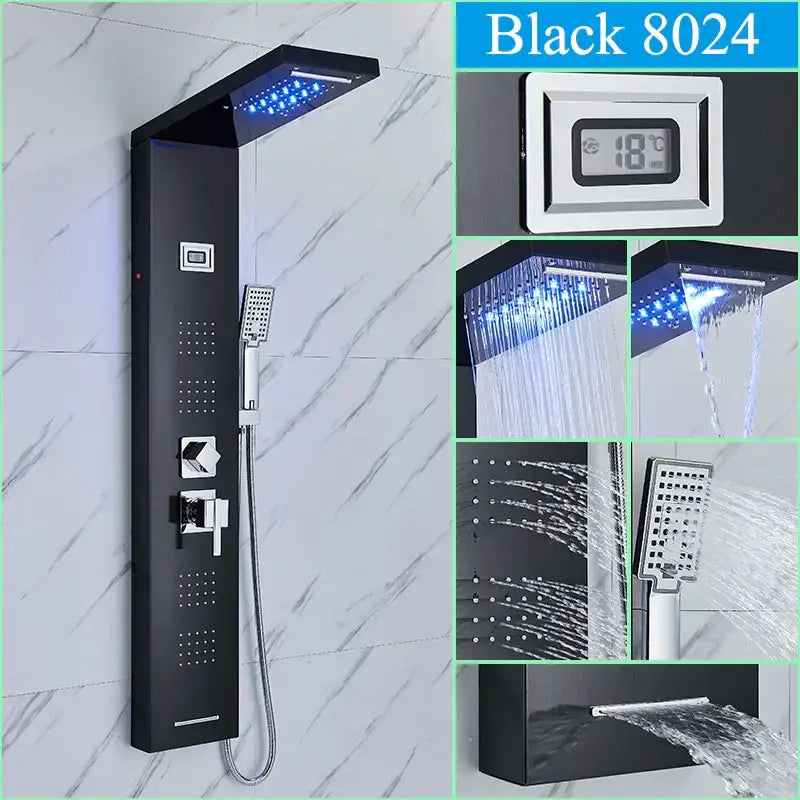 Black 8024 modern decorbites led shower panel with led lighting and multiple spray settings for spa massage use