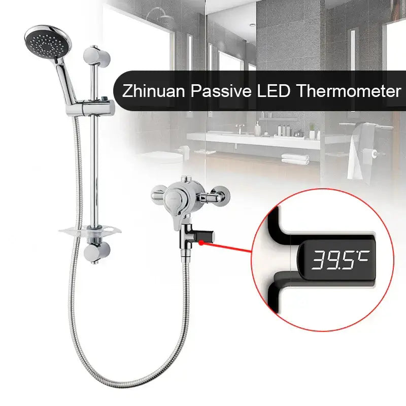 Decorbites led shower thermometer with chrome finish and digital temperature display showing 39.5°C on black screen